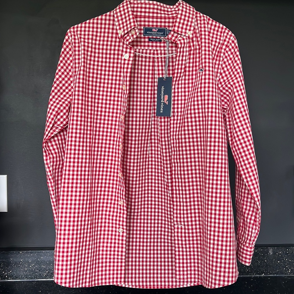 New boys Vineyard Vines WhalenShirt large 16 Nottingham gingham plaid red white